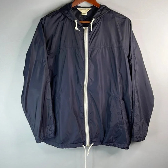 EDDIE BAUER Oversize Windbreaker Jacket Navy Hooded Drawstring Granola Size M - Picture 11 of 11